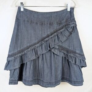 Anthropologie ETT:TWA Y2K Chambray Skirt Size 4 Blue Ruffle Boho Denim Festival